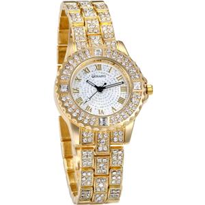 JewelryWe Women Watches Gold Tone Alloy Rhinestone Quartz Watch Stylish Bling Dress Watch Wristwatches for Valentine's Day