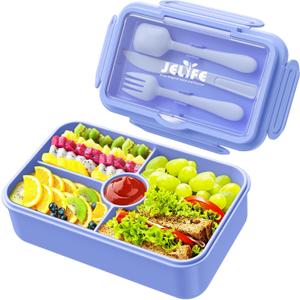 Jelife Bento Lunch Box for Kids - Large Bento-Style Leakproof Bento Boxes with 4 Compartments Lunchbox with Silverware for Kids Back to School, Reusable On-the-Go Meal and Snack Containers,Macaron