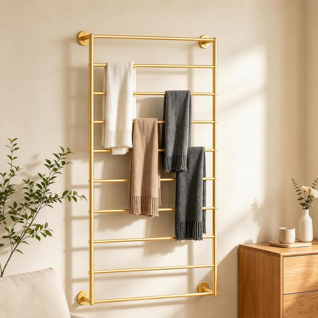 10 Tier Wall Mounted Rack,Scarf Display Stand,Belt Pants Hangers Scarves Hijab Stand, Towel Rack Ribbon Holder,Wrapping Paper Spool Storage for Retail Store(Gold), hold up to 50 pounds