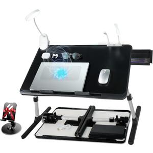 iXTRA Laptop Lap Desk Include Cooling Fan,Adjustable Lap Desk with Light Fan,Folding Laptop Desk for Bed with USB,Bed Desk with Storage Drawer 60 * 40cm, Black