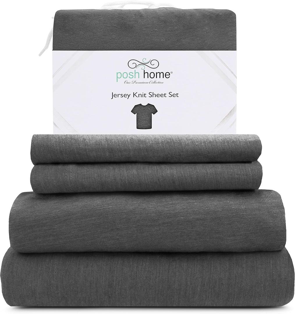 Posh Home Jersey Knit Sheet Set – 4-Piece Jersey Bed Sheets – T-Shirt Breathable & Soft Cotton Jersey Sheets - Includes Flat Sheet, Jersey Fitted Sheet, & 2 Pillowcases - King Jersey Sheets, Gray