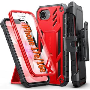FNTCASE for iPhone 17e Phone Case: for iPhone 16e Case Military Grade Rugged Case with Kickstand & Holster | Shockproof TPU Protection Bumper Matte Textured Design | Heavy Duty Protector Red