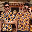 Men Halloween Shirt Fun Pumpkin Print Button Up Shirts Casual Hawaiian Short Sleeve Shirt Holiday Aloha Shirts (Orange, XXL)