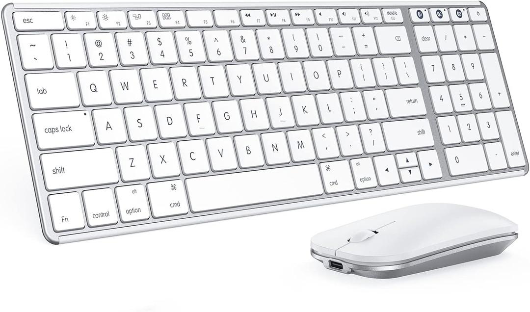 seenda Bluetooth Keyboard and Mouse for Mac, SKM64-2 Multi-Device Rechargeable Slim Wireless Keyboard Mouse Stainless Steel Full Size, Compatible with MacBook Pro/Air, iPad, iMac - White Silver