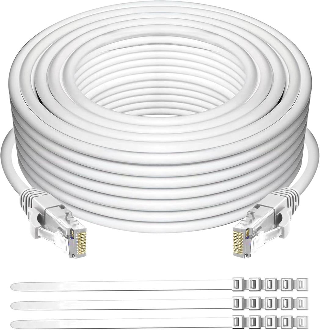 Adoreen Cat 6 Ethernet Cable 50 Ft-White, Outdoor & Indoor Snagless Long Round RJ45 Network Cable, POE, Soft Flexible Gbps Internet LAN Computer Patch Cord for Router Modem Switch Fast Gaming+ Ties