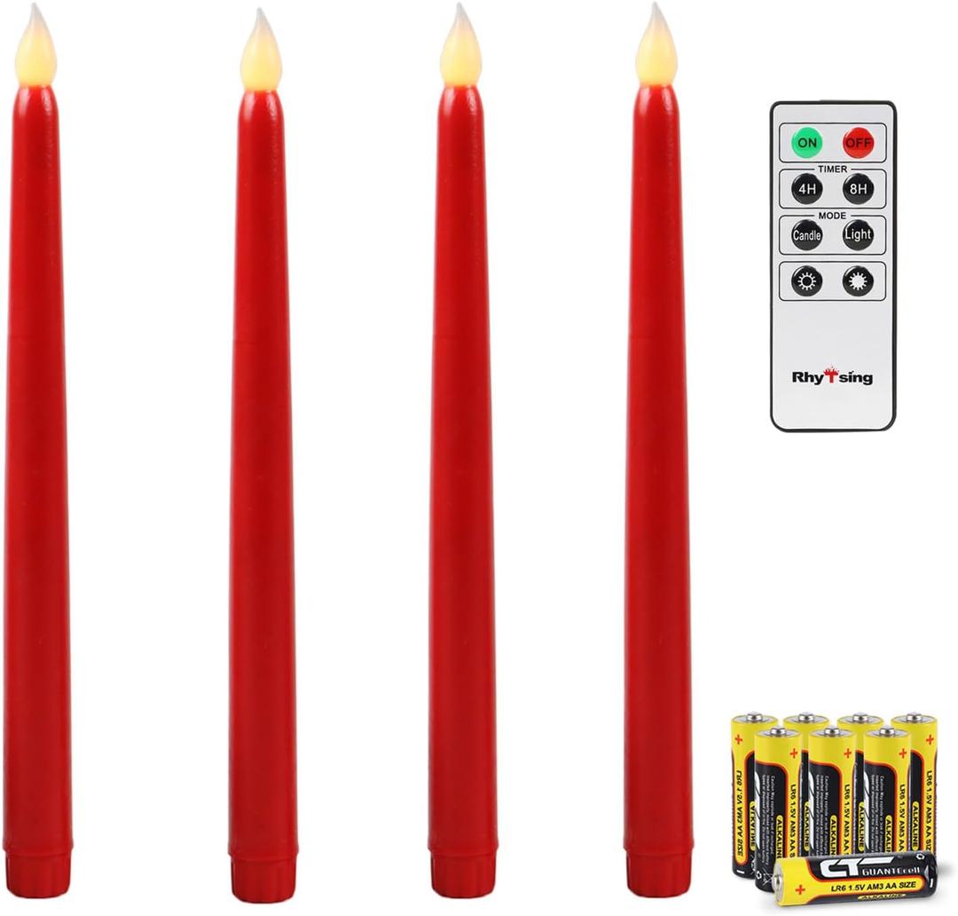 Rhytsing Red 10.8" Flameless Taper Candles with Timer, Battery Operated Candles with Remote, Smooth Wax Finish, Warm White LED, 8 Batteries Included - Set of 4