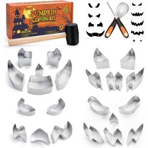 Pumpkin Carving Kit for Kids, 22 PSC Stainless Steel Pumpkin Carving Tools with Hammer and 2 Carving Knives, DIY Halloween Pumpkin Shape