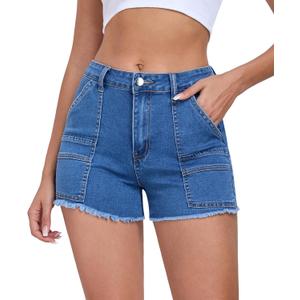 2026 Women's Stretchy Cargo Denim Shorts Mid Rise Jean Shorts Raw Hem Jorts with Pockets Short Jeans 3.5" Inseam (Blue, M)
