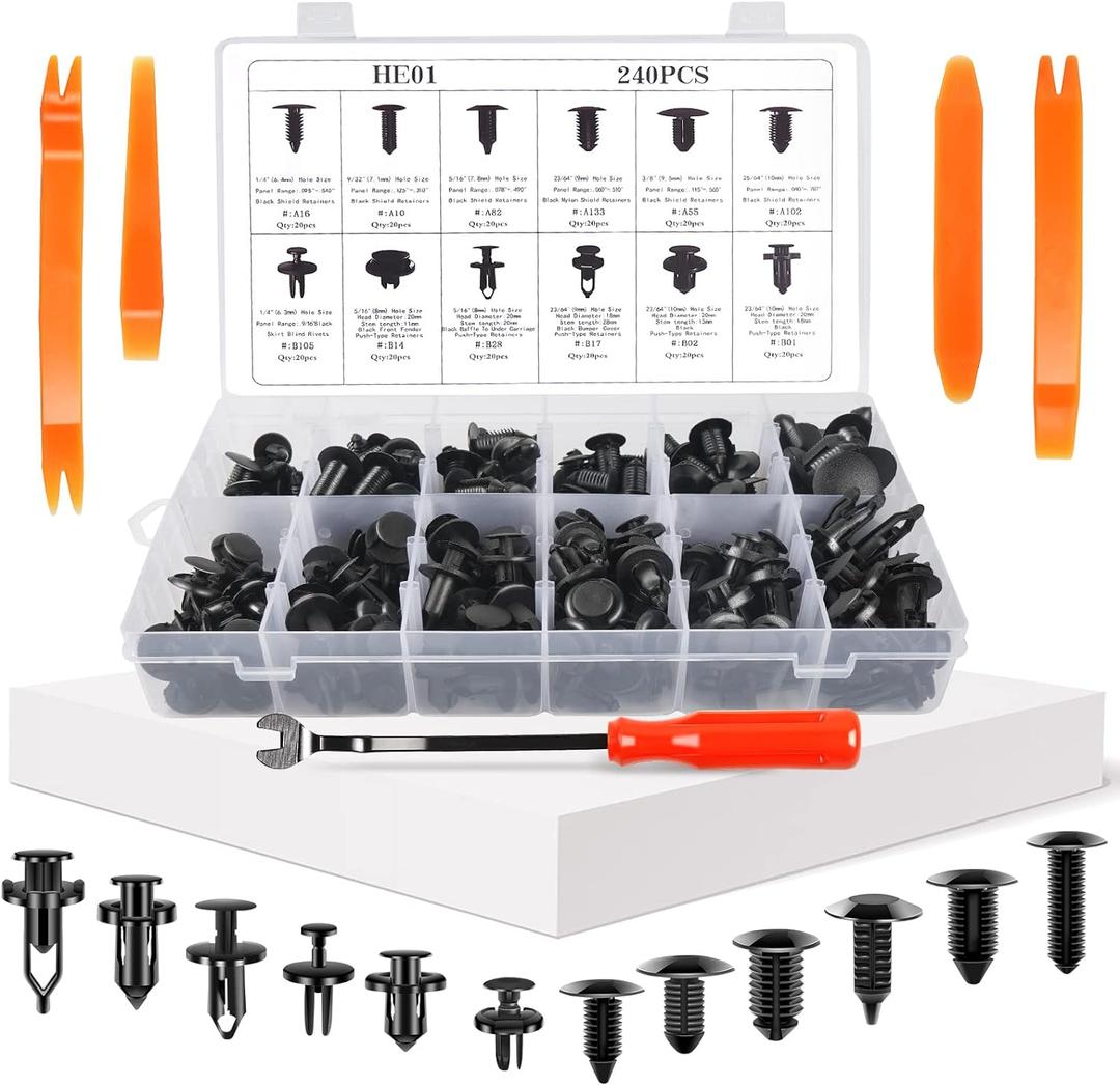 OTUAYAUTO 245 PCS Fender Clips Car Clips Bumper Plastic Rivets - 12 Most Popular Sizes with 5 Fastener Removers Fasteners Push Retainer Kit - Replacement for Toyota Honda Ford GM Acura Chrysler