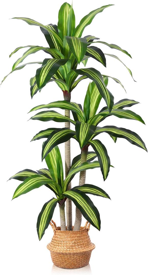 Artificial Plants, 5 Ft Dracaena Tree Faux Plants Indoor Outdoor Decor Fake Tree with Woven Seagrass Basket Plants for Home Decor Office Living Room Porch Patio Housewarming