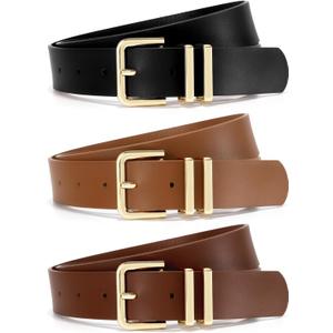 3 Pack Women Leather Belt for Jeans Dresses Pants 1.3 inches Fashion Ladies Waist Belts Gold Silver Buckle (04-black+brown+coffee) Fit waist 36-41 inches