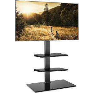 FITUEYES Floor TV Stand for 32 39 40 43 49 50 55 60 Inch TVs, TV Floor Stand with Swivel Mount, Max Holds 66lbs, White Glass Base, Height Adjustable TV Mount for Corner & Bedroom (With 2 Shelf, Black)
