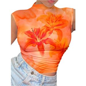 Women's Y2K Floral Graphic Ruched Tank Top Mock Neck Sleeveless Fitted Crop Tops (L)