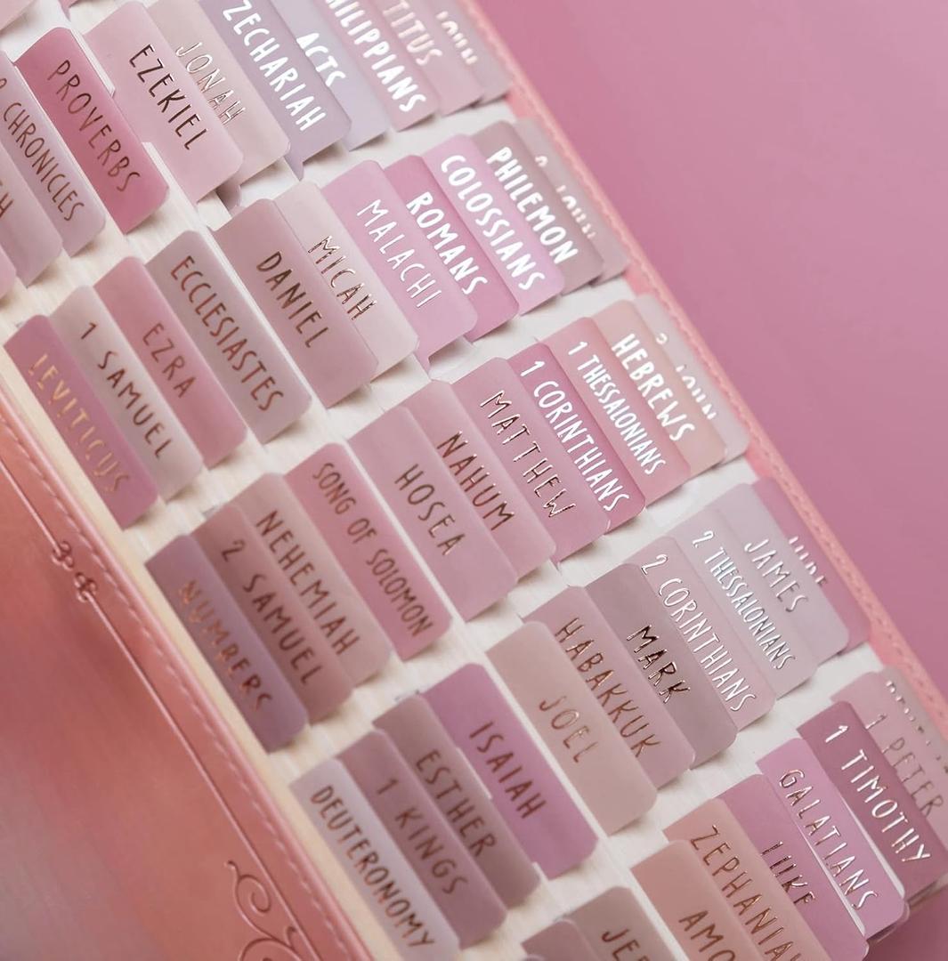 UPAFEXXI-Laminated Bible Tabs (Rose Gold Foil Embossed Lettering), Bible Tabs for Women and Men, Reposition Large Print Stickers, Easy to Read and Apply, 80Chapters Labels for Easy Navigation(Pink)