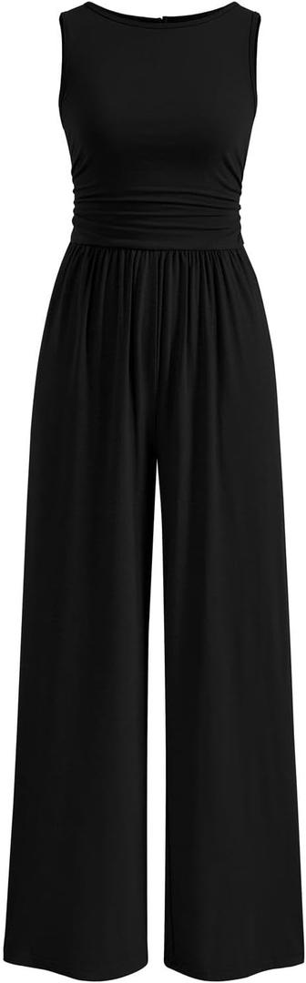 PRETTYGARDEN One Piece Jumpsuits for Women Dressy Casual Sleeveless Crewneck Wide Leg Rompers Jumpers Vacation Summer Outfits (Large, Black)