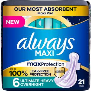 Always Maxi Overnight Feminine Pads with Wings for Women, Size 6, Ultimate Heavy Overnight Absorbency, Unscented, Up to 100% Leak-Free Protection
, 63 Count