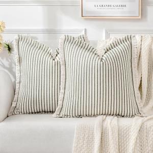 MIULEE Pack of 2 Olive Green Christmas Pillow Covers 18x18 Inch Striped Farmhouse Couch Spring Throw Pillow Covers with Fringe Chic Linen Decorative Cushion Covers for Sofa Living Room Bed Home Decor