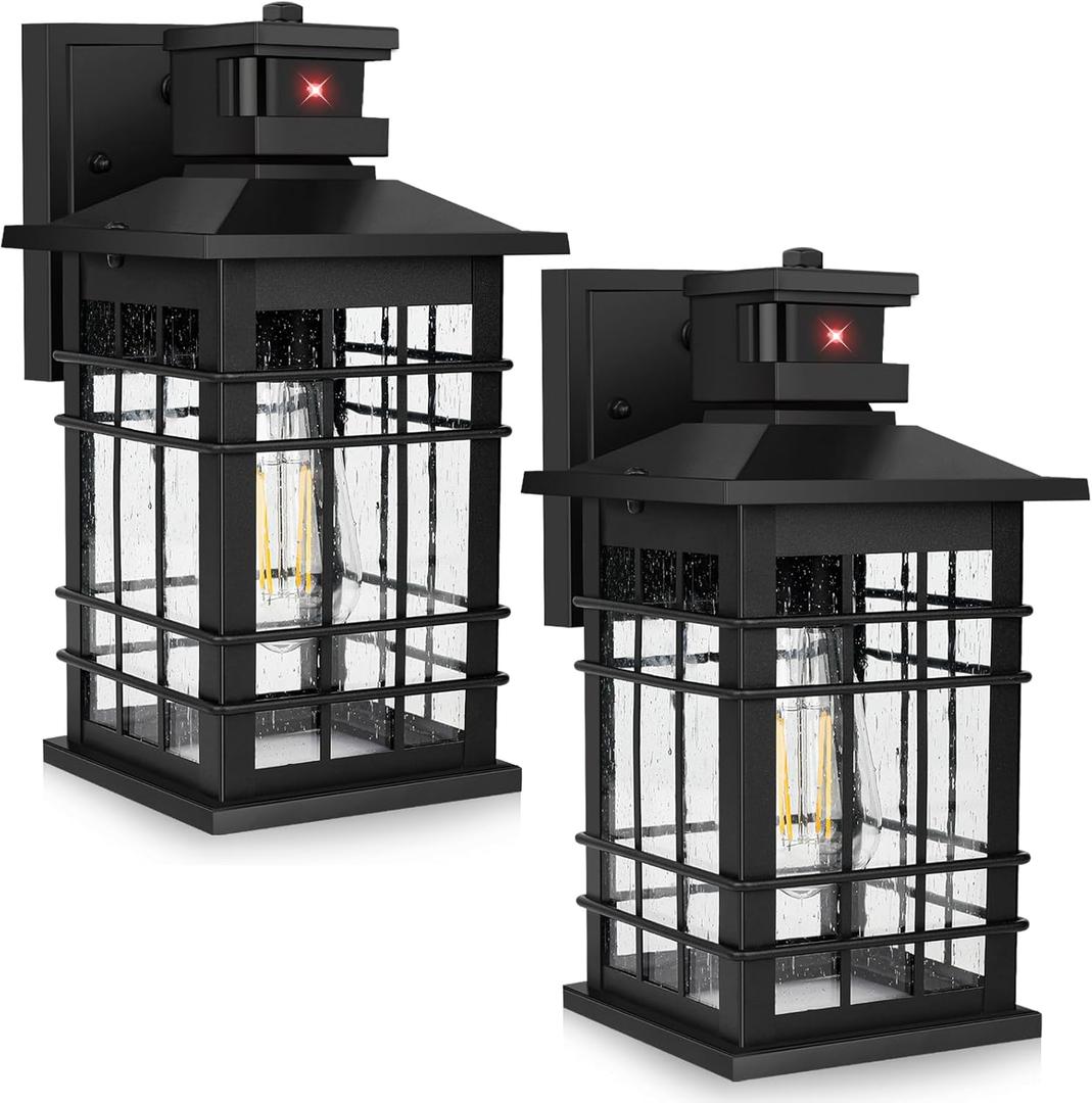 Motion Sensor Outdoor Wall Lights Black, Dusk to Dawn Outside Porch Lights Fixture Wall Mount, Waterproof Exterior Light Fixtures, 2-Pack Matte Black Wall Sconces Lantern for House Patio Garage (11.4 inch)