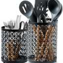8.2"+6.2" Set Kitchen Utensil Holder for Kitchen Counter, Metal Cooking Utensil Crock for Countertop, Extra Large Black Coffee Pods Holder, Silverware Holder for Spoon Knives Forks