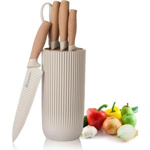 Kitchen Knife Set, Retrosohoo 6-Pieces Khaki Sharp Knife Block Sets for Kitchen, Non-stick Non-slip Stainless Steel Chef knives with Universal Block Suitable for Home Restaurant (Khaki)