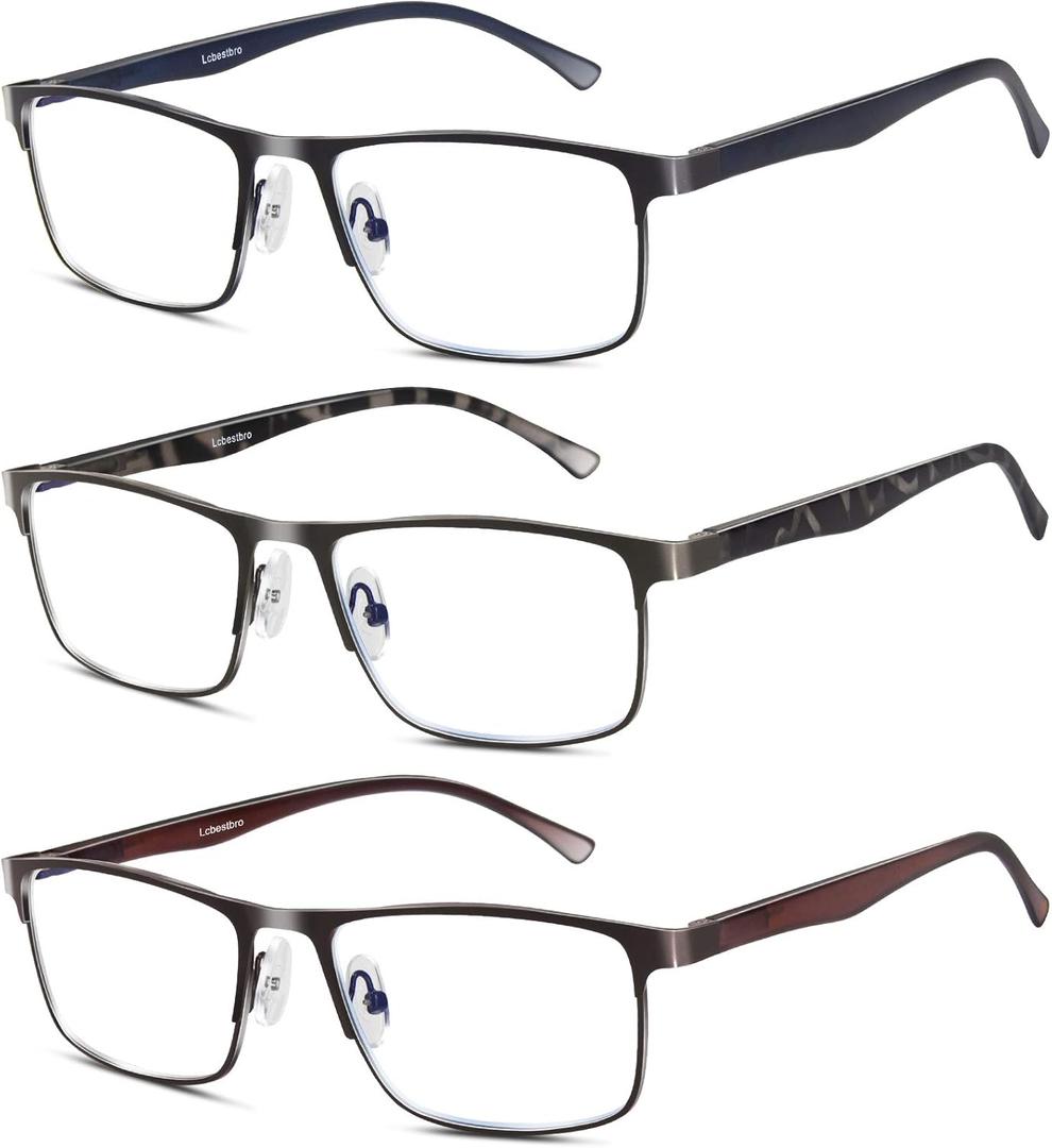 Lcbestbro 3 Pack Blue light Blocking Reading Glasses for Men, Stylish Metal Frame Readers, Magnification Strength: 0.75 x