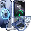 Magnetic for iPhone 16 Pro Max Case with Invisible Stand[Compatible with MagSafe][Full Camera Lens Protector][Military Drop Protection] Shockproof Not Yellowing Clear Slim Soft for Women Men (Blue Titanium)