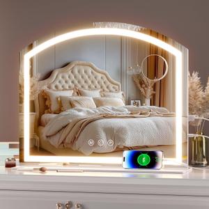 Hasipu Arch Vanity Mirror with Light, 24"x20" Arched Led Makeup Mirror with 10X Magnification, Tabletop Desk Mirrors with USB Charging Port, Dimmable 3 Colors Mode (White)