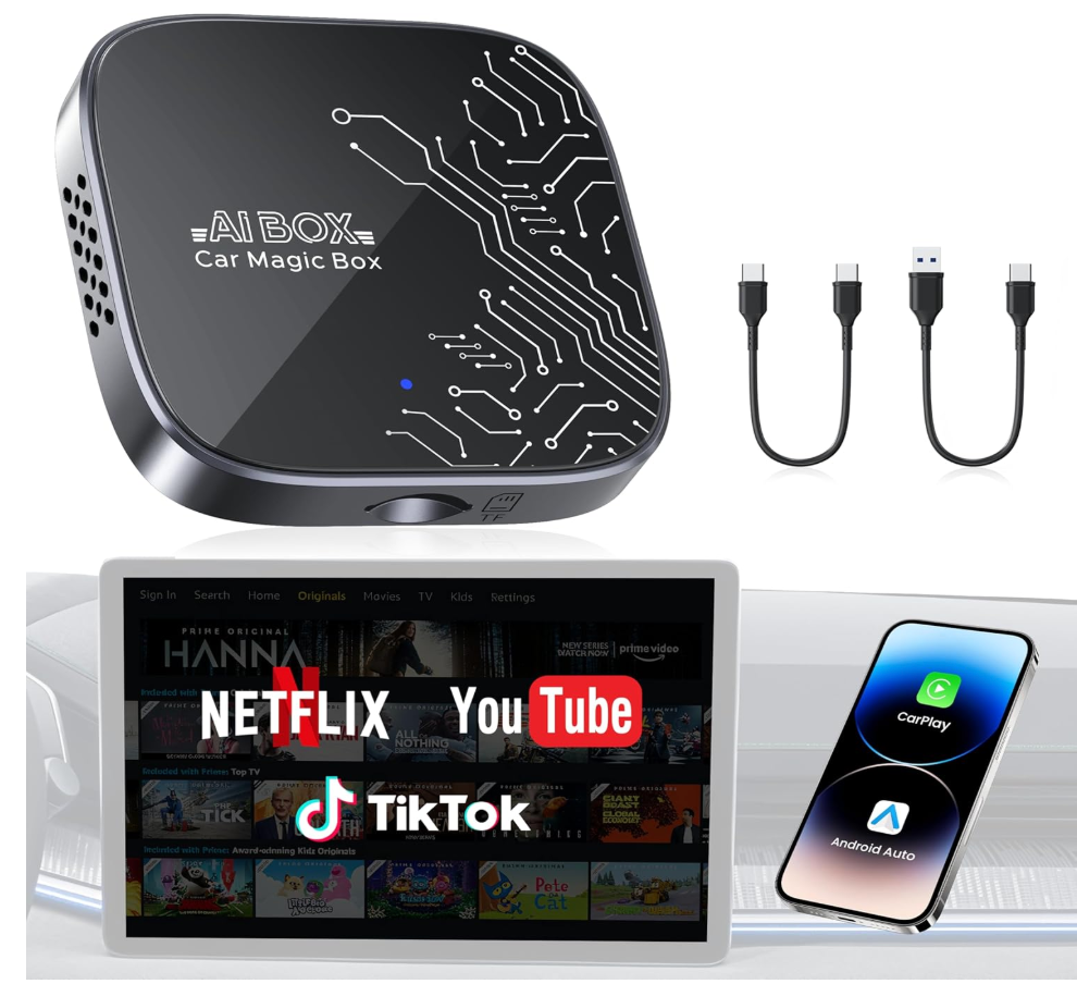 4in1 Wireless CarPlay Adapter for Streaming Netflix/YouTube/TikTok/TF Card, 2026 Magic Video AI Box & Android Auto Dongle [Dual Band WiFi, Autolink Pro] Plug & Play, Fits for OEM Wired Car Play Car