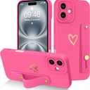 Fiyart Designed for iPhone 16 Case with Phone Holder Cute Love Hearts Pattern Slim Protective Camera Protection Cover with Wrist Strap Kickstand for Women Girls 6.1"-Rose Red
