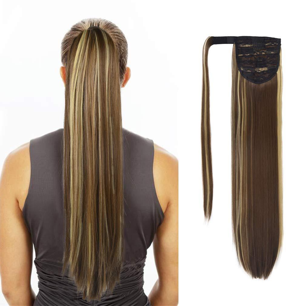 SEIKEA Clip in Ponytail Extension Wrap Around Straight Hair for Women (28", Brown/Ash Blonde Mix)