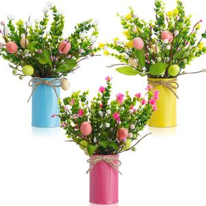 Riceshoot 3 Set Easter Table Centerpiece Artificial Egg Picks with Metal Pots Easter Sprays with Eggs Berries Eucalyptus Flowers Plants for Spring Home Decor(Blue, Pink, Yellow)