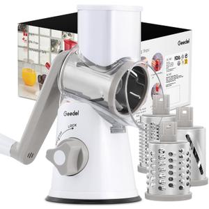 Geedel Rotary Cheese Grater, Kitchen Mandoline Vegetable Slicer with 3 Interchangeable Blades, Easy to Clean Rotary Grater Slicer for Fruit, Vegetables, Nuts (White)