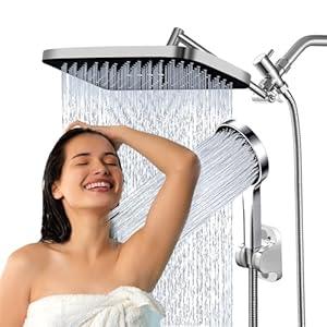 Shower Head, 14" High Pressure Shower Combo, Rainfall Shower System with Handheld Spray, All Metal 3-Way Diverter & 6ft Hose, Anti-Clog Nozzles, Easy to Install in Bathrooms-Chrome