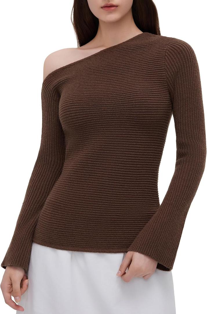OMKAGI Off the Shoulder Fall Sweaters for Women Trendy Slim Fit Ribbed Knit Long Sleeve Top (Brown, M)