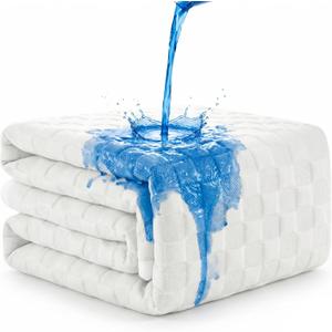Waterproof Mattress Protector with 18" Deep Pocket, 3D Waffle Bed Cover, Soft OCS and Oeko Certified Organic Cotton Blend, Moisture-Wicking, Noiseless (White, Queen)