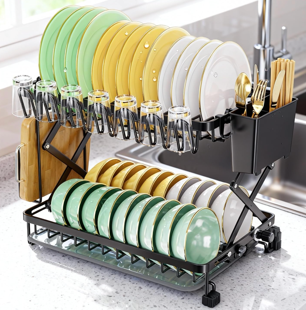 2Tier Dish Racks for Kitchen Counter, Stainless Steel Kitchen Dish Drying Rack Large Dish Drainers for Kitchens Counter, Space Saving Dishes Strainer for Bowl, Plate, Cup  Modern Counter Organizer