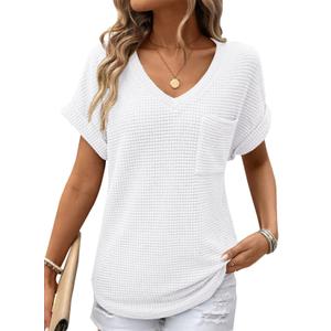 Dokotoo Womens Waffle Knit Tops 2026 Spring Summer V Neck Shirts Casual Trendy Women's Blouses Basic Tee S