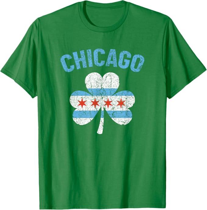 Vintage Chicago Flag Shamrock Clover Irish Pride St Patricks T-Shirt (XL, Green)