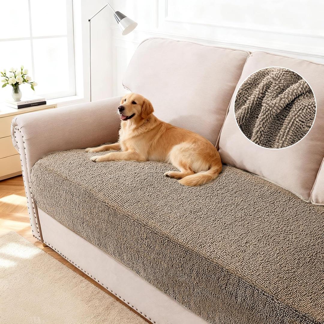 Turquoize Dog Couch Cover Non Slip Chenille Sofa Cover for Dogs Thick Soft Pet Couch Covers for Sofa Washable Couch Cushion Covers for Pets Fuzzy Sofa Furniture Protector (35" x 74", Sand)