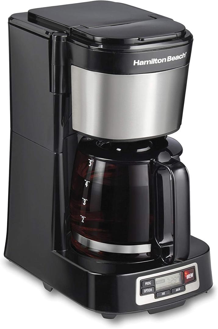 Hamilton Beach 5 Cup Compact Programmable Coffee Maker, FrontFill Water Reservoir, Small Drip Coffee Maker with Glass Carafe, Auto Pause & Pour, Space-Saving Design, Black & Stainless Steel (46111) | Compact Design | Programmable Clock | Glass Carafe | Auto Pause and Pour | Black & Stainless Steel | 46111