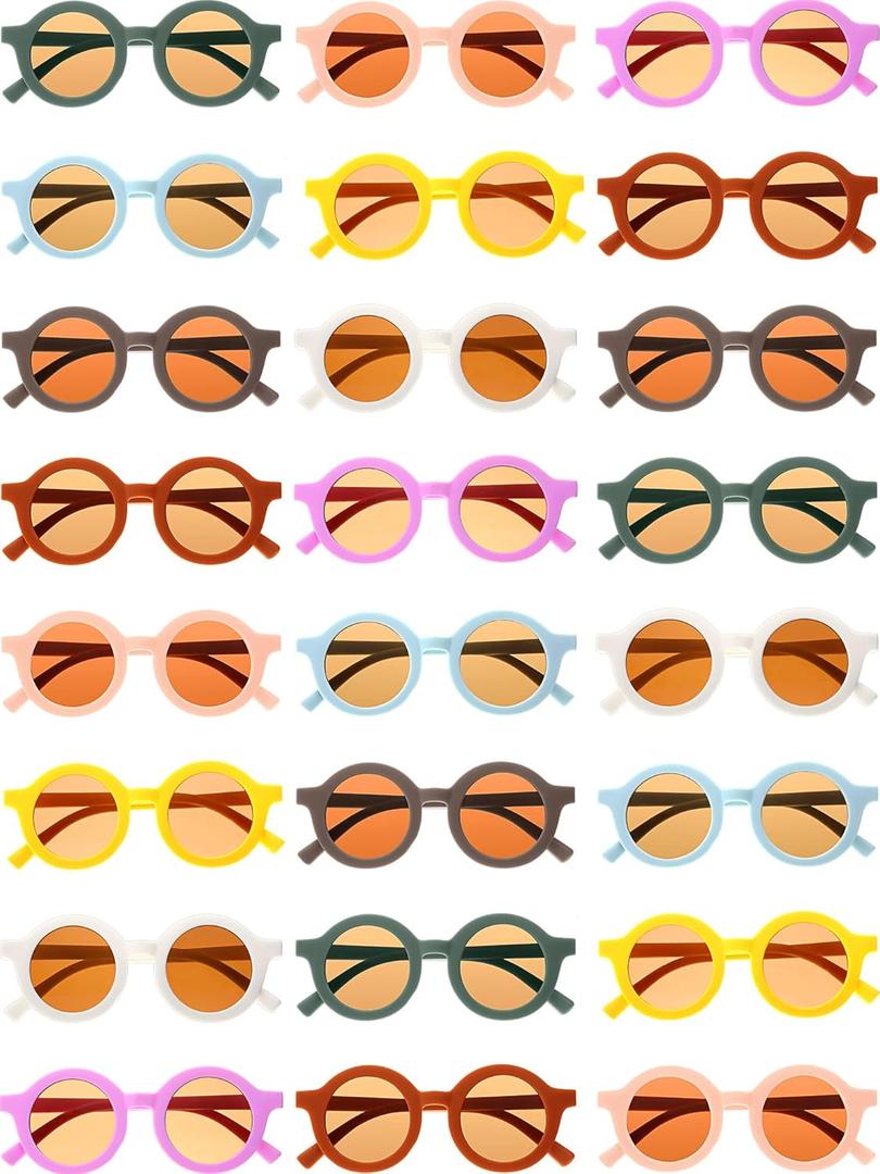 Flutesan 24 Pairs Kid Round Sunglasses Cute Retro Circle Sunglasses for Kids Girls Toddler Baby Boy Outdoor UV, Age 3 to 10 (Stylish Colors)
