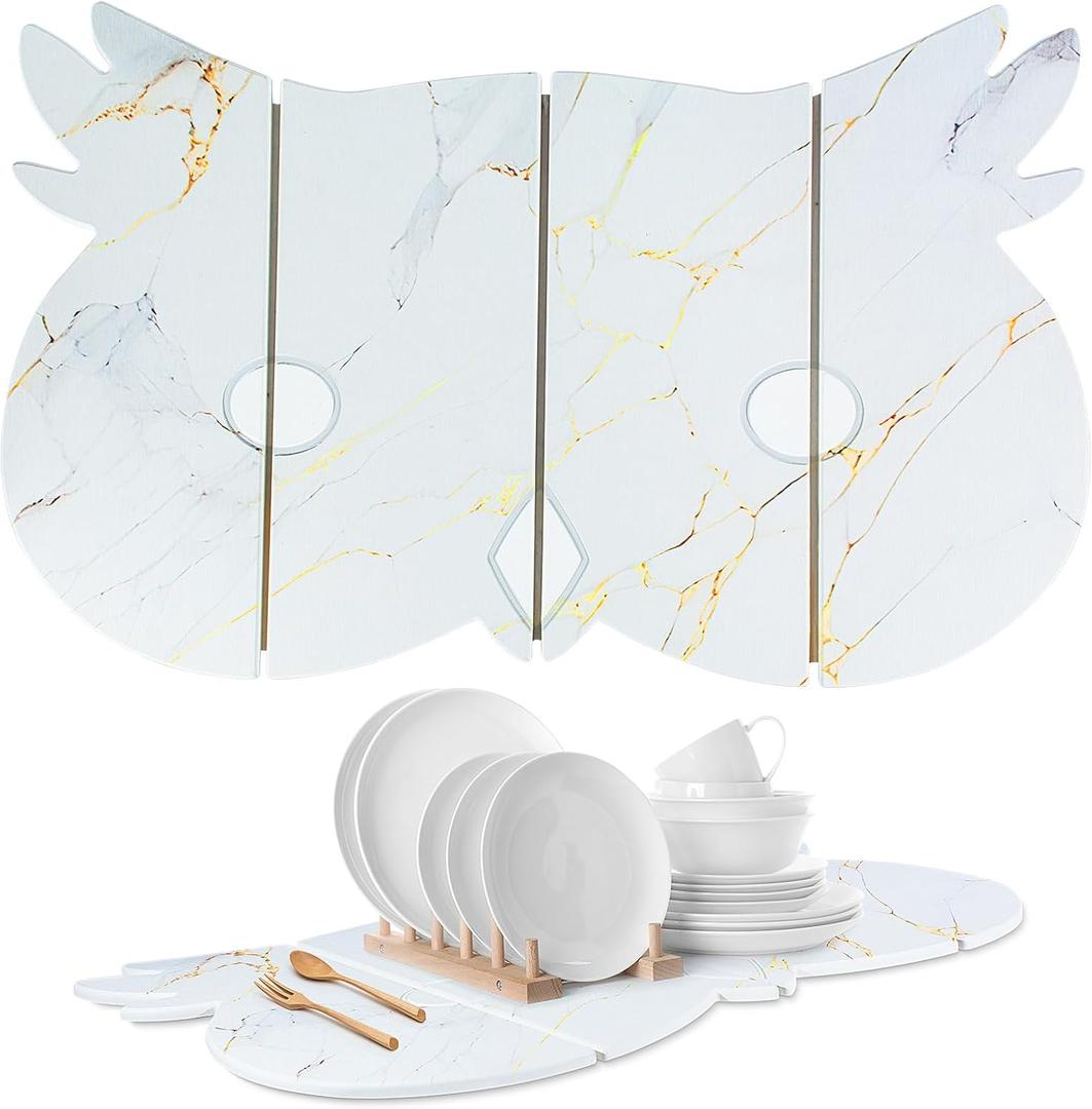 Large Stone Dish Drying Mat for Kitchen Counter,24"(L)16"(W) Quick Dry Absorbent Diatomaceous Earth Dish Drying Mats,Owl Shape Design Drying Pads for Cups Dishes Bottles (White)