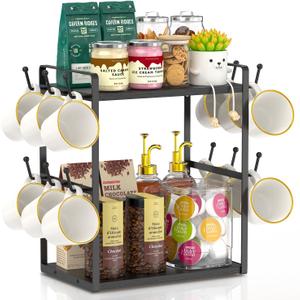 EsLuker.ly Coffee Station Bar Organizer Mug Holder Stand Countertop, 2 Tier Mug Cup Tree Rack for Kitchen Office, Storage Shelf with 12 Hooks, Creat Stylish Coffee Corner, Black