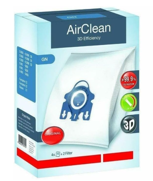 Miele Original GN AirClean 3D Efficiency Vacuum Cleaner Bags for Miele Classic C1, Complete C2/C3, and S2/S5/S8 Vacuum Cleaners, Dust Bags and 2 Filters – 10123210