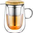 glastal Tea Infuser Mug 14.5oz Insulated Heatproof Glass Tea Cup with Removable Infuser and Lid, Clear Glass Teacup 430ml Double Wall Borosilicate Glass Teacup for Loose Tea, Gifts for Parents Dad Mum (Type 1 Transparent)