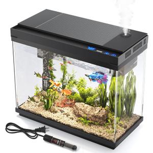 Fish Tank 2.4 Gallon Aquarium with Heater, 3-in-1 Silent Pump with Filteration & Oxygenation & Circulation, 7-Color Timer Cycle Light, Temperature Display, Humidifier, HD Glass Fish Bowl