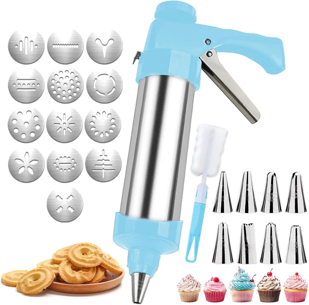 Suuker Cookie Press Gun Kit, Stainless Steel Spritz Cookie Press Set for Baking Icing Gun with 8 Piping Tips and 13 Cookie Discs for DIY Biscuit Cake Dessert Making and Decorating, Blue