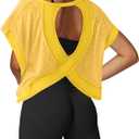 UNIANKIYA Open Back Workout Tops for Women Loose Fit Athletic Crop Tee Short Sleeve Gym Running Yoga Shirt L Yellow