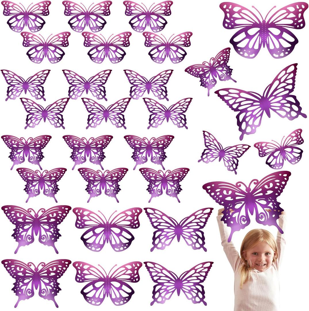 Yeaqee 24 Pcs Large Butterfly Party Decoration 3D Butterflies Wall Decor Set 2 Sizes 3 Styles Large Stickers for Birthday Baby Shower Nursery Bedroom Wedding Decor Cutouts (Purple)