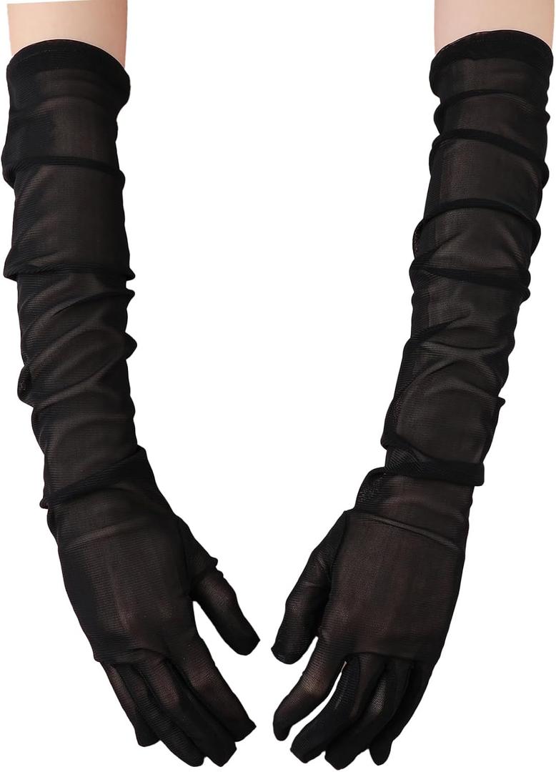 Long Black Sheer Gloves Women Formal Elbow Length Gloves Stretchy Mesh Tulle Glove Fashion for Wedding Opera Halloween Party 1920's Dance Costume Glove Sexy